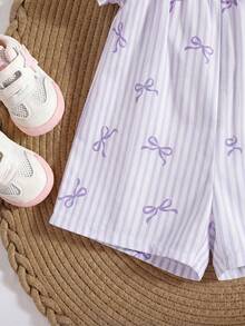 Baby Girl Summer Cute Light Purple & White Striped Bow Ruffle Trim Romper - Mauve Purple - View 7