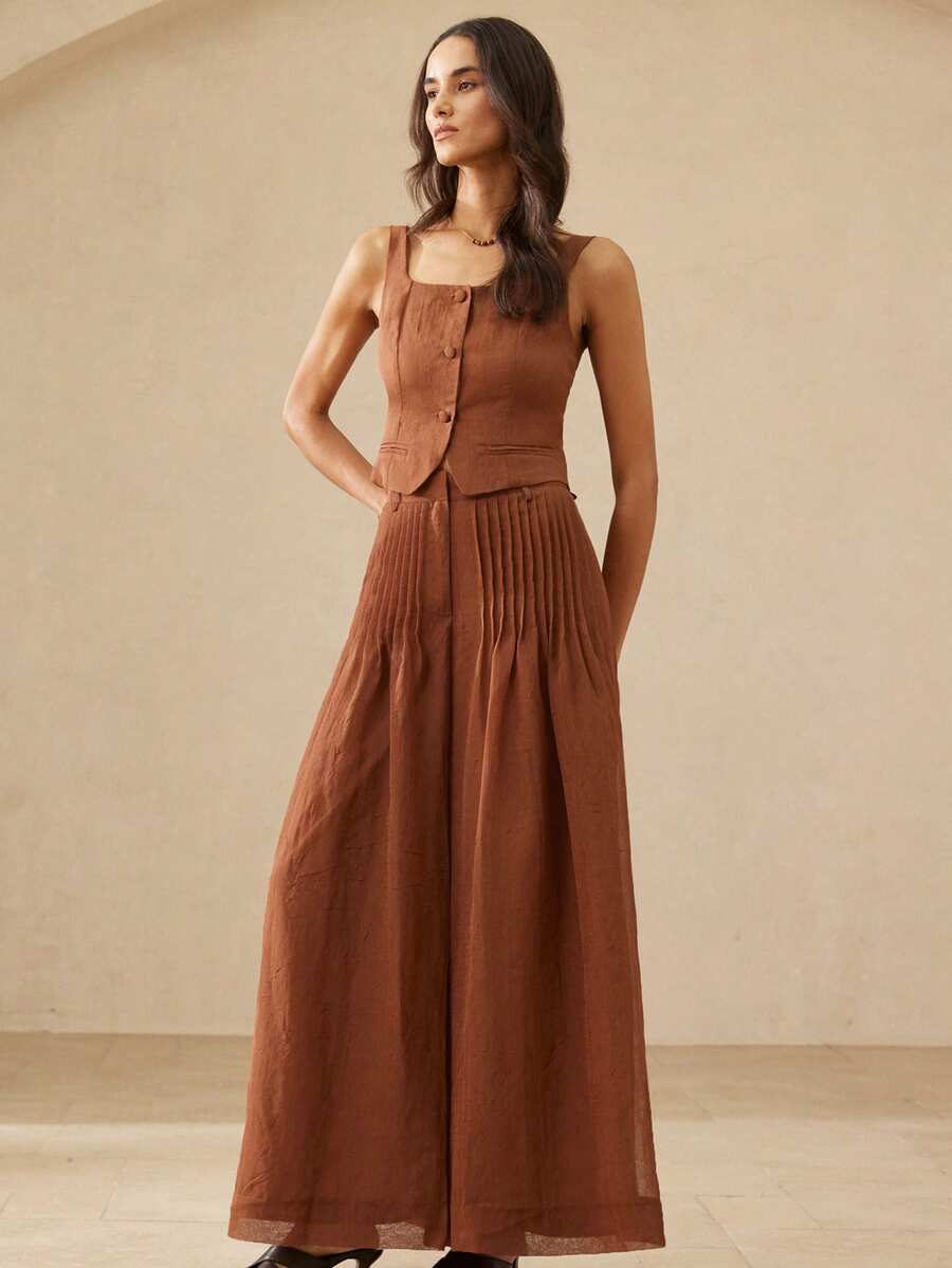 Aveloria Rosie 简约休闲大方优雅女士通勤度假复古高端背心上衣搭配宽松褶裥阔腿裤，女士两件套 - 棕色 - 查看 1