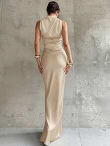 Firerie 女士优雅通勤套装，无袖褶皱领高低摆条纹衬衫搭配褶皱腰身超长鱼尾裙，蓝色缎面套装，优雅通勤女装，春夏秋季服装，优雅，通勤，性感，波西米亚风，音乐节，浪漫，约会，派对，婚礼季，毕业礼服，舞会，演出服，演唱会，工作服，返校季，女士度假套装，女士生日套装，女教师套装 - 杏色 - 查看 2