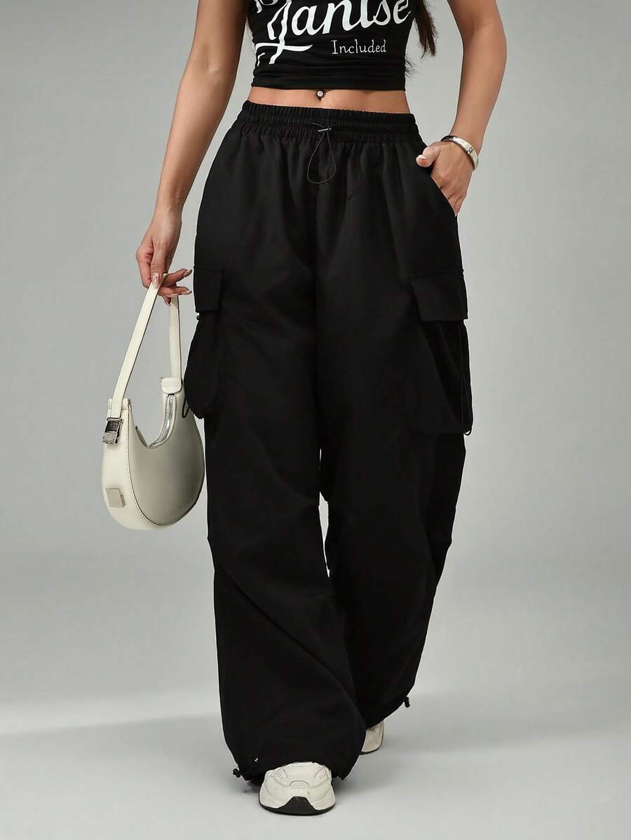 SHEIN PETITE Black Flap Pocket Side Drawstring Waist Parachute Cargo Pants - Black - View 1