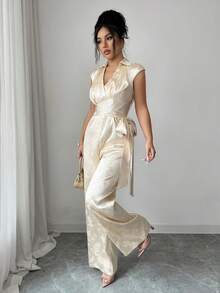 Elenzga Bộ áo liền quần mùa hè dành cho nữ, chất liệu jacquard, cổ chữ V, không tay, thắt eo, mở phía trước, màu sâm panh. - Rượu sâm banh - Xem 5