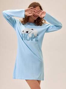 Loomlin Robe de nuit en coton à manches longues et col rond avec imprimé koala pour femmes, vêtement d'intérieur - Bleu azur - Voir 4