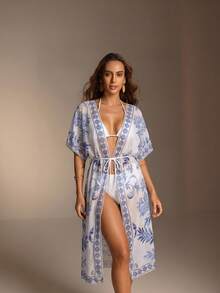 Swim Vcay Kimono suelto con flecos en las mangas de unicolor para mujer, adecuado para vacaciones - Azul y blanco - Ver 4