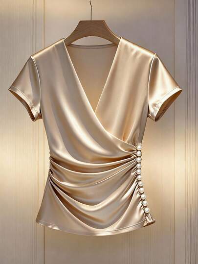 GlowEve Elegant Urban Chic New Apricot V-Neck Elastic Satin Blouse, Suitable For Daily Wear, Weddings, Galas, Commuting, Graduations, Holidays, Dates, Parties, Halloween, Christmas, New Year, Thanksgiving, Weddings