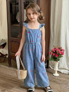 LMoss Kids Young Girl Cherry Print Ruffle Armhole Loose Wide Leg Denim Jumpsuit, Spring/Summer,Summer Outfits,Casual And Fashionable Vacation Outfits,Street Wear,2000s Style ,Comfortable And Soft Denim,Comfortable And Soft Denim   Jumpsuit,Girl Jumpsuit - Light Wash - View 3