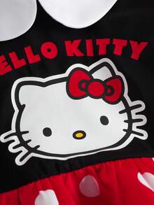 HELLO KITTY AND FRIENDS | SHEIN 少女波点字母卡通印花荷叶边时尚派对外出花瓣袖连衣裙 - 紅色 - 查看 4
