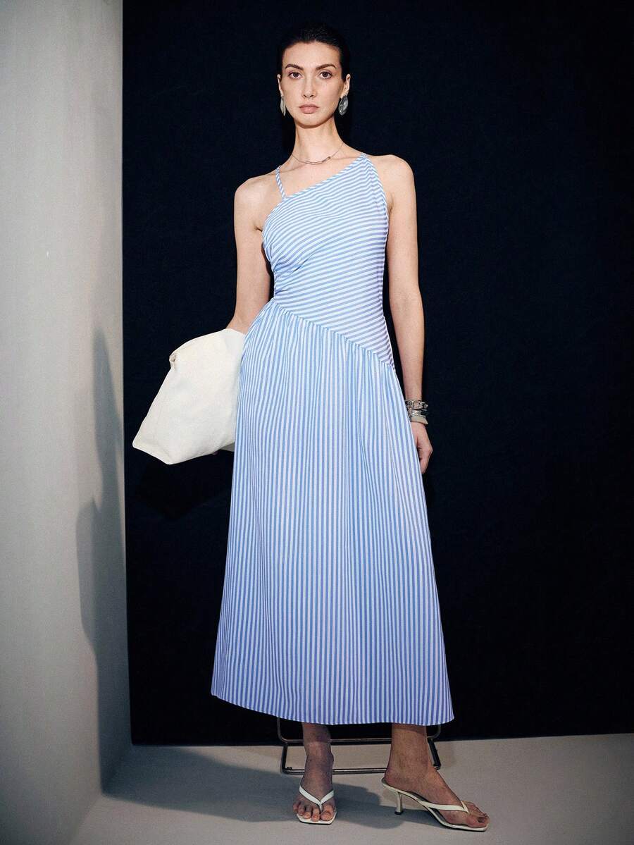 Lumivelle Women's Summer Fashion Asymmetric Collar Backless Dress - Baby Blue - View 1