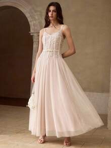 MOTF PREMIUM WOMEN'S SUMMER ROMANTIC CONTRAST LACE MESH UMBRELLA HEM LONG STRAP DRESS - Apricot - View 1