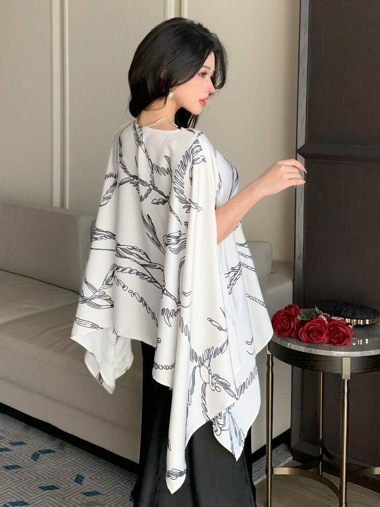 Spring & Summer Floral Linear Print Dress, Elegant For Valentine's Day, Wedding, Party, Formal Occasion, Bat Wing Collar Satin Blouse For Women