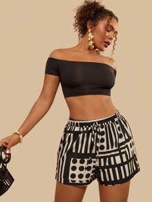 Travachic Quần short giáo viên kẻ sọc nhiều màu sắc phong cách quý tộc Pháp mùa thu, cỡ lớn. - màu đen - Xem 3