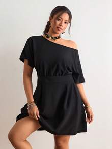 Freevana 波西米亚风黑色露肩连衣裙，宽松短袖腰部褶裥裙摆，优雅小众设计，显瘦休闲/约会连衣裙 - 黑色 - 查看 4