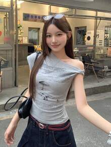 DAZY 女士休闲不对称领口韩版街头风T恤，夏季 - 灰色 - 查看 6