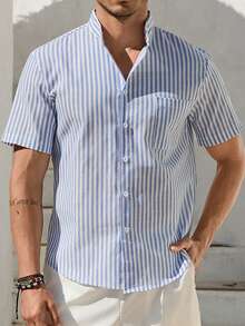 VIVINTIMO 男士条纹印花贴袋前扣休闲短袖衬衫 - 藍色 - 查看 1