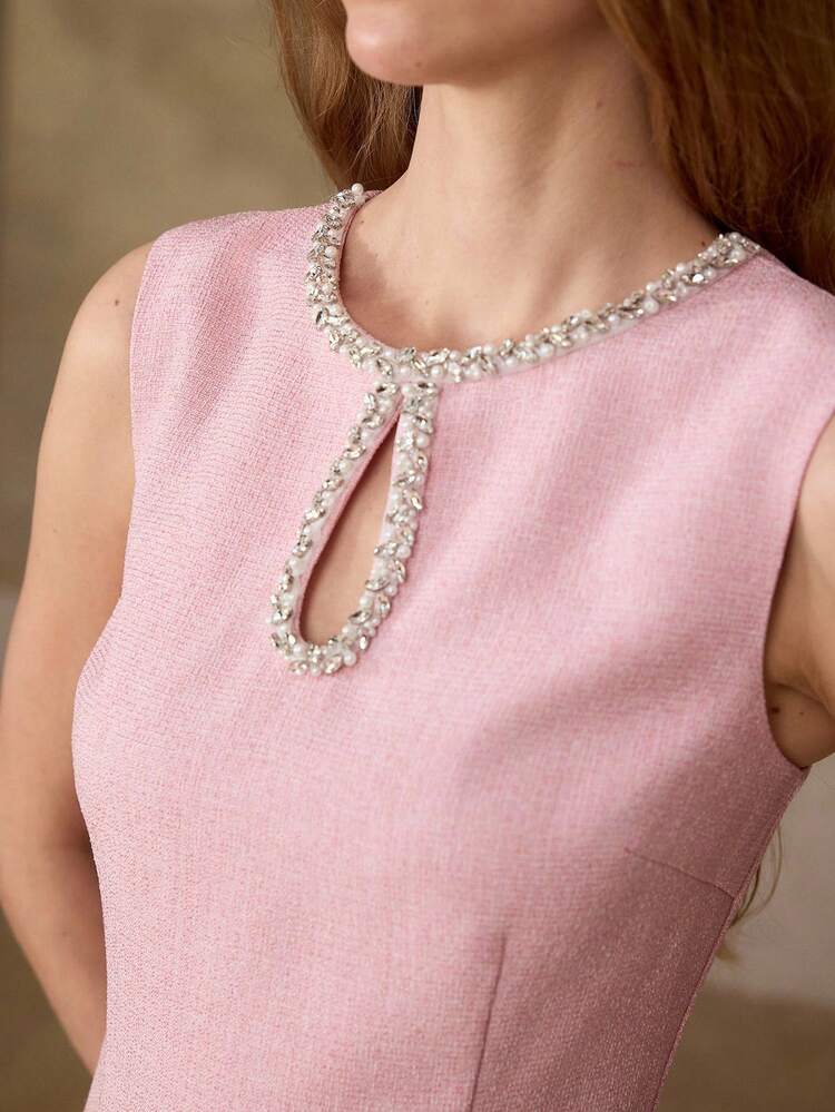 TWEED ELEGANT RHINESTONE KEYHOLE NECK SUMMER PINK WOMEN'S SHORT DRESS