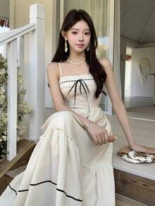 FRIFUL Women's Spaghetti Strap Lace Patchwork Bow Tie Front A-Line Dress, Vacation Style Maxi Dress - White - View 7