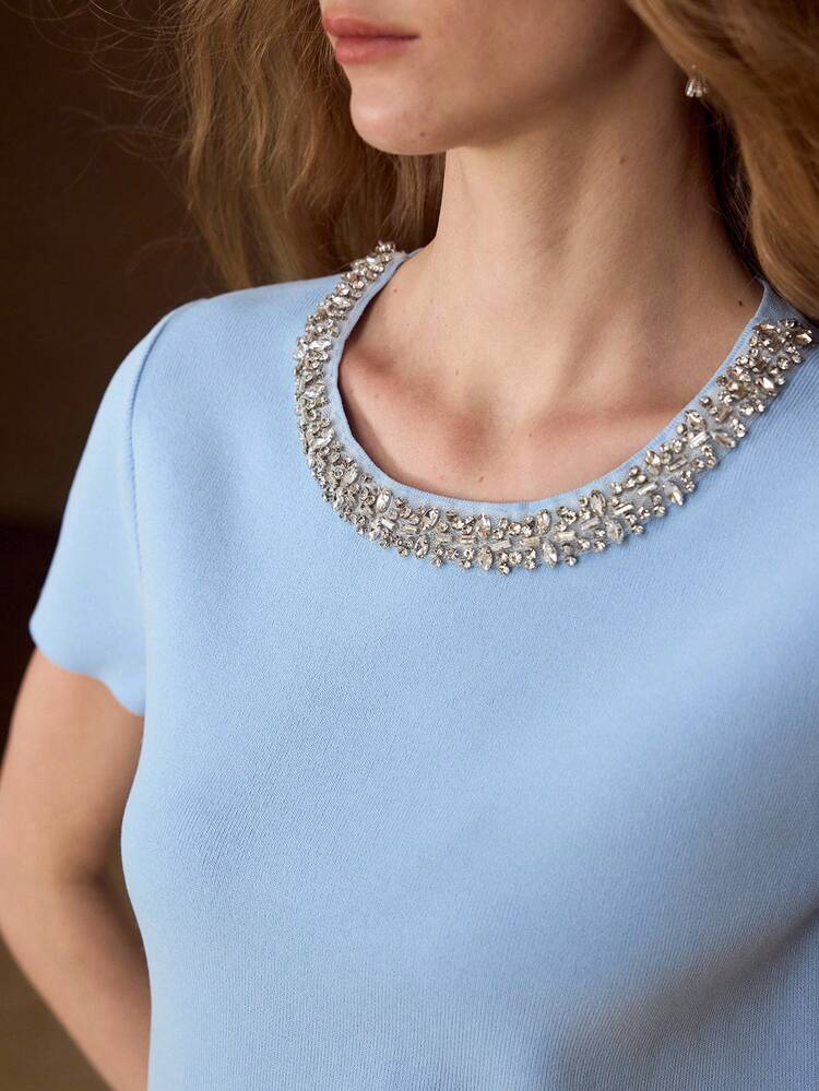 RHINESTONE EMBELLISHED CREW NECK KNIT TOP