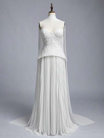 Elitara Elegant, Luxurious And Minimalist White Strapless Dress With 3D Pearl Beading, Romantic Lace Embroidery, Waist Cutout Design, Voluminous A-Line Skirt With Oversized Pleats, Adjustable Tie Waist, Suitable For All Wedding Events, Bridal Gown