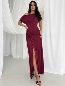 Firerie Women's Elegant Romantic Date Party Tight Dress, Wine Red Asymmetric Sleeve Ruched Twist Hem Slit Bodycon Dress, Wedding Guest Dress, Valentine's Day - Burgundy - View 1