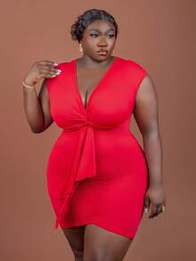 CurvyTilda Plus Size Elegant & Party & Dating Form-Fitting Solid Pink Dress With Chest Twist, Ruched Waist And Tie Belt Details, Mini Length, Spring/Summer, For Hourglass Body Shape - Red - View 3