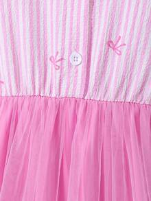 1pc Girls Sweet School Style Pink & White Striped Textured Collar Flare Sleeve Bow Print Mesh Dress, Cute Princess Style For Daily Wear, Birthday Party, Spring/Summer - Pink - View 7