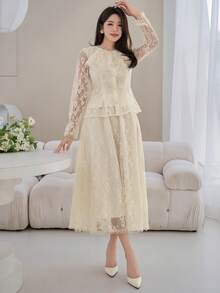 DAZY 女士优雅花卉蕾丝上衣和半裙两件套，春夏款，婚礼宾客礼服 - 杏色 - 查看 6