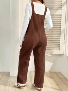 SHEIN Pregnant Women Floral Embroidery Pocket Casual Versatile Daily Wear Bib Overall Pants - Brown - View 2