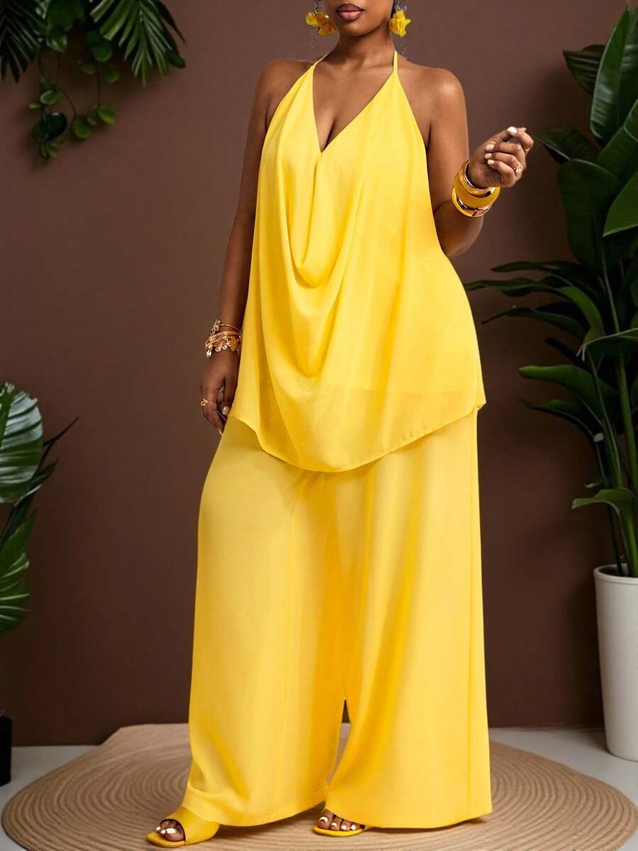 Truni 大码女士优雅V领无袖镂空黄色套装，适合度假、下午茶、婚礼季、海滩游轮假期、城市自驾游、波西米亚风假期、音乐节、海滩装、复活节、优雅服饰、度假装、音乐会服装、热带度假装、度假套装、波西米亚风格服装，适合春、夏、秋季穿着。