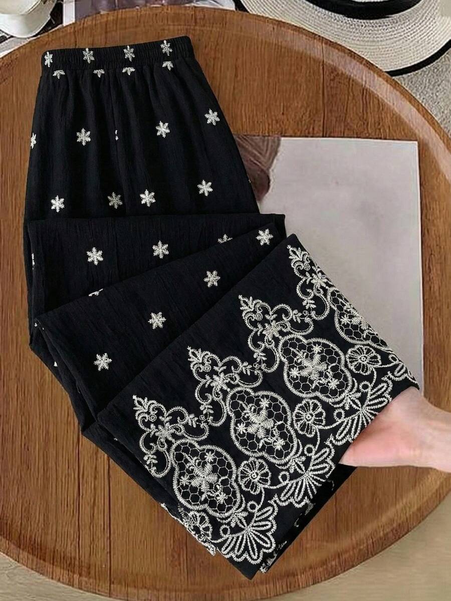 Rusticease Women's Floral Embroidery Pattern Casual Versatile Daily Wear Wide Leg Pants - Multicolor - View 1