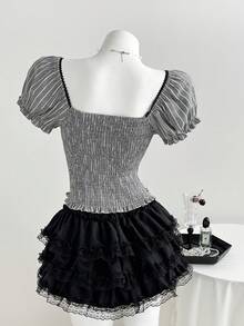 Elamini Women's Cute 2 In 1 Striped Square Collar Petal Sleeve Cinched Waist Blouse, Spring/Summer - Multicolor - View 2