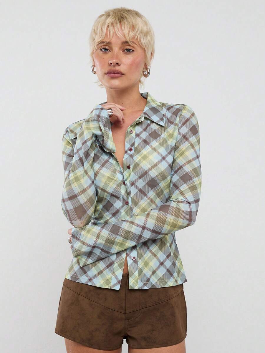 COUREZ Long Sleeve Fitted Mesh Sheer Check Button Front Top/Y2K Spring Clothes Cute Tops Party Rave Festival Outfits Summer Top Y2K Concert - Multicolor - View 1