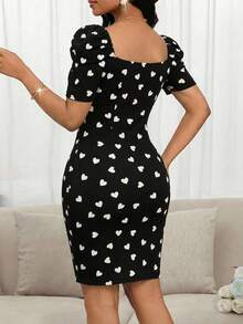 SHEIN Lady 女士心形印花优雅收腰中长派对连衣裙 - 黑與白 - 查看 2