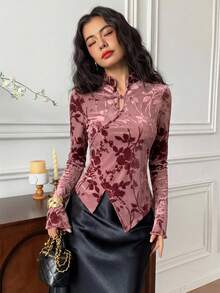 EastFlair 女士碎花图案纽扣上衣，中国风 - 珊瑚粉 - 查看 2