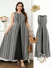 SHEIN Clasi 大码女士优雅度假印花裹身圆领连体裤 - 黑與白 - 查看 9