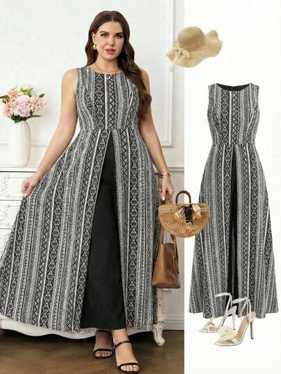 Ellevyn 大码女士优雅度假印花裹身圆领连体裤