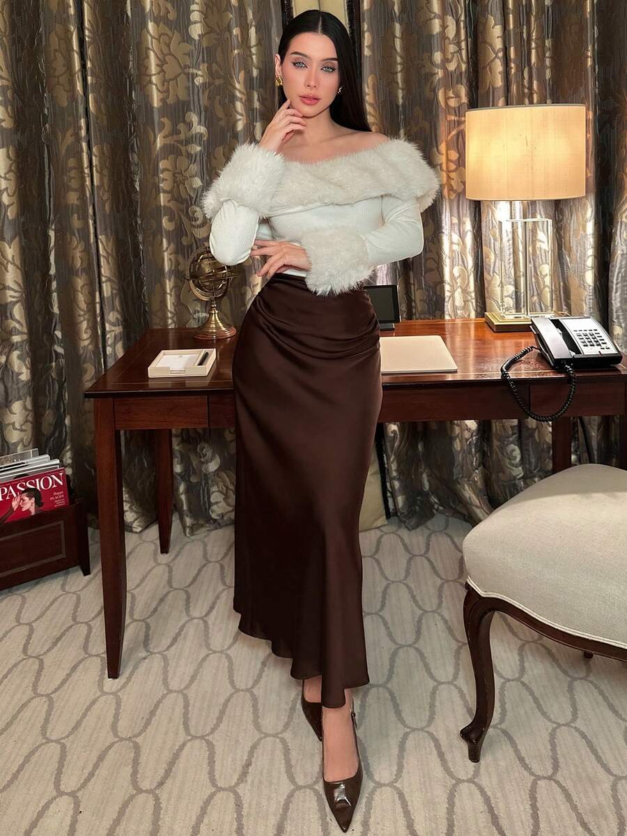 hhfernanda 褶皱缎面裙,女士优雅褶皱,拉链长款常规款自然米色纯色女裙,春夏,职业/商务装/工作服 - 咖啡棕 - 查看 1