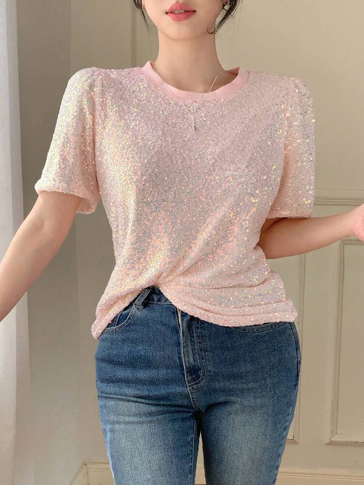 Women's Elegant Sequin Colorblock Round Neck T-Shirt, Summer