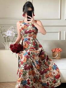 DAZY Women's Elegant Floral Print Round Neck Sleeveless Mid-Length Dress, Summer,Wedding Guest Dress Women Sundress Boho - Red - View 9