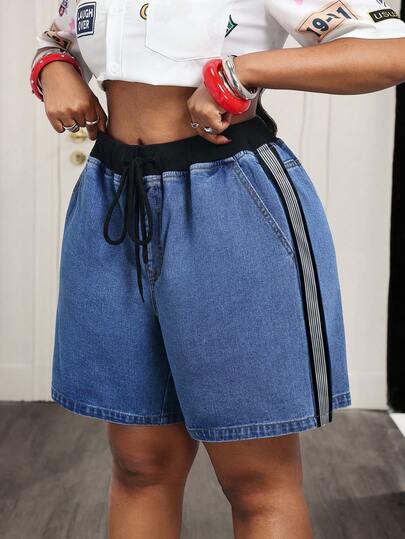 Slaydiva 大码夏季休闲撞色条纹牛仔短裤