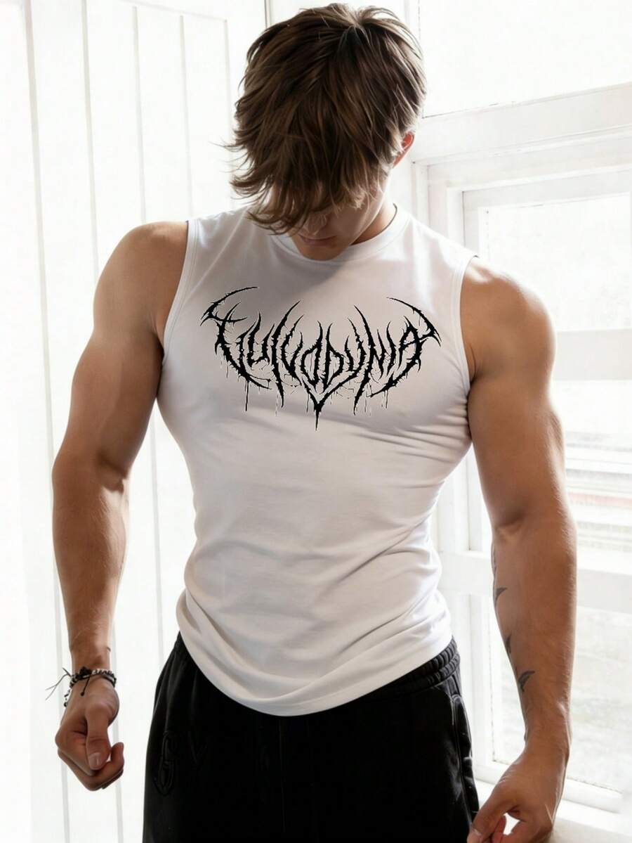 GymBeat Men's Gothic Style Print Slim Fit Athletic Tank Top - White - View 1