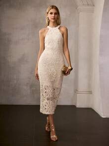 MOTF PREMIUM 女士露背派对礼服，饰有镂空钩针花卉图案，是婚礼、盛大晚宴、鸡尾酒会和正式招待会的理想之选。 - 杏色 - 查看 6