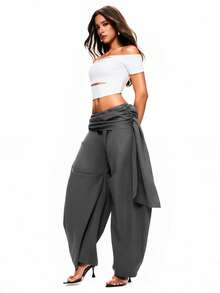 TypaGal 女士纯色褶裥腰部宽松裤 - 灰色 - 查看 4