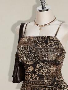 SHEIN ICON 大码女式印花褶皱波西米亚风吊带派对连衣裙 - 棕色 - 查看 5