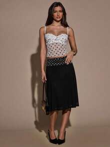 SHEIN BAE Polka Dot Print Sheer Lace Patchwork Camisole - White - View 1