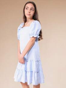 SUMWON Tween Girls Light Blue Smocked Square Neck Puff Sleeve Tiered Midi Dress With Ruffle Details And White Trim - Baby Blue - View 3