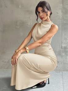 Firerie 女士优雅通勤套装，无袖褶皱领高低摆条纹衬衫搭配褶皱腰身超长鱼尾裙，蓝色缎面套装，优雅通勤女装，春夏秋季服装，优雅，通勤，性感，波西米亚风，音乐节，浪漫，约会，派对，婚礼季，毕业礼服，舞会，演出服，演唱会，工作服，返校季，女士度假套装，女士生日套装，女教师套装 - 杏色 - 查看 5