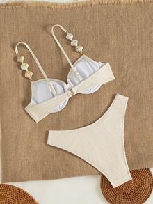 Swim SXY Women Solid Color Spaghetti Strap Modern Chain Shell Decor Adjustable Back Tie Triangle Bikini Swimwear Set - Beige - View 4