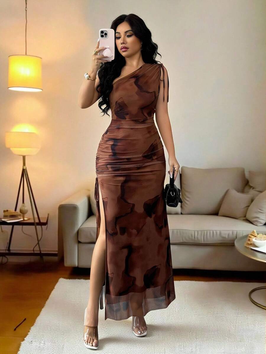 Rafferiza Women's Elegant Off-Shoulder Gathered Tie-Dye Mesh Drawstring Slit Slim-Fit Long Dress, Women's Elegant Dress, Tie-Dye Gradient, Mesh Dress, Off-Shoulder Sleeveless Dress, Slim-Fit Bodycon Dress, Slit Dress, Tie-Dye Dress, Women's Casual Suit, Women's Summer Dress, Summer Holiday Outfit, Summer Clothing, Women's Spring Outfit, Spring Clothing, Vacation Outfit, Women's Beach Outfit, Vacation Dress, Summer Outfit, Women's Floral Dress, Women's Party Dress, Wedding Dress, Women's Brown Dress, Brown DressGraduation Season Attire, Fashionable Casual Commuter Wear, Business Office Wear, Versatile And Stylish Everyday Casual Wear, Urban Teacher's Professional Attire - Coffee Brown - View 1