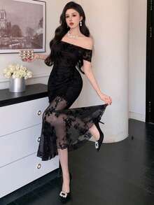 DAZY Women's Floral Mesh Ruffle Off-Shoulder Fitted Mermaid Hem Elegant Dress Sundress Cocktail Dress - Black - View 4