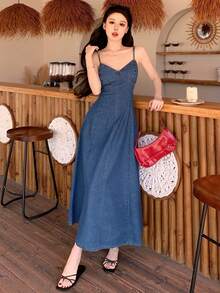 DAZY Đầm denim dài không tay, thắt eo, thanh lịch dành cho nữ, thích hợp cho kỳ nghỉ. - Rửa trung bình - Xem 6