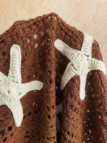 Soleia 女士度假浪漫性感蓝色V领修身海星装饰露背蝴蝶结针织迷你连衣裙，休闲、约会、下午茶、海滩、邮轮、公路旅行、音乐节、派对、波西米亚风、嬉皮风、西部风，可内可外穿，适合所有季节 - 咖啡棕 - 查看 11